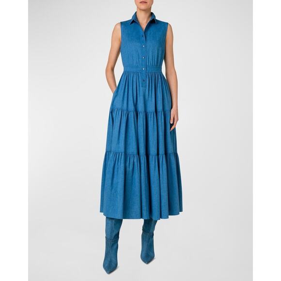 Akris Punto Midi Shirt Dress Women's 4 Blue Denim Cotton Ruffle Hem NWT $1390 - Picture 1 of 9
